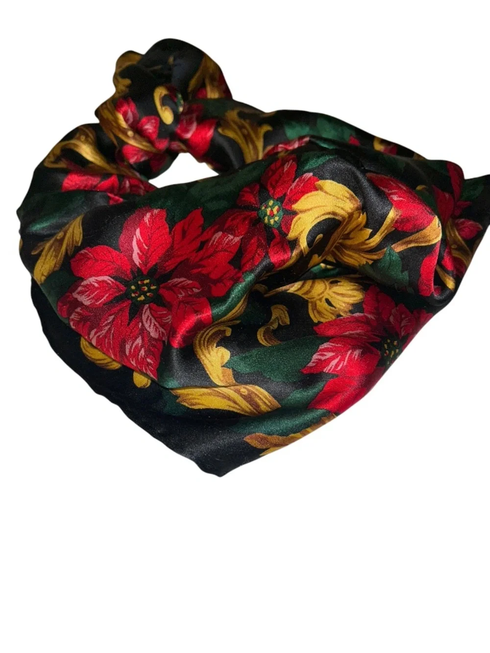 Bill Blass Vintage 100% Silk HOLIDAY red gold poinsettias floral scarf